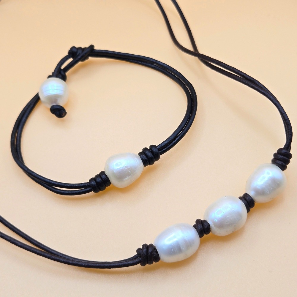 Freshwater Baroque Pearl Necklace Bracelet Set on Leather Cords‎ Handmade